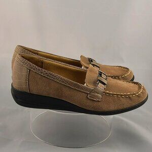Natural Soul Tan Leather Slip On Wedge Loafer Buckle Detail Casual Office